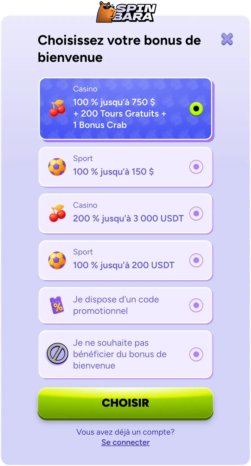 Inscription Bonus Spinbara